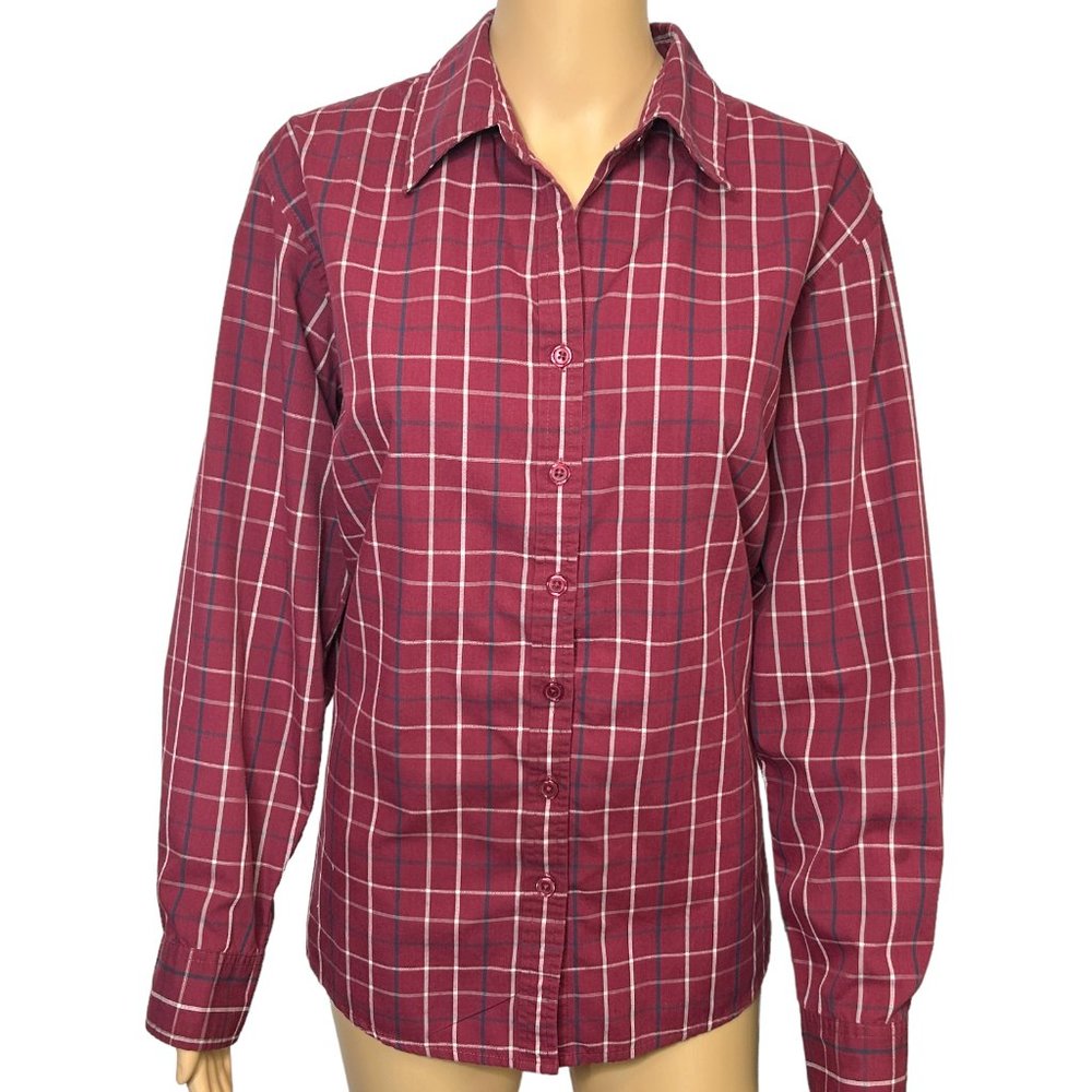 Dressbarn Woman Womens 14/16 Burgandy Red Long Sleeve Button Up Shirt Blouse Top